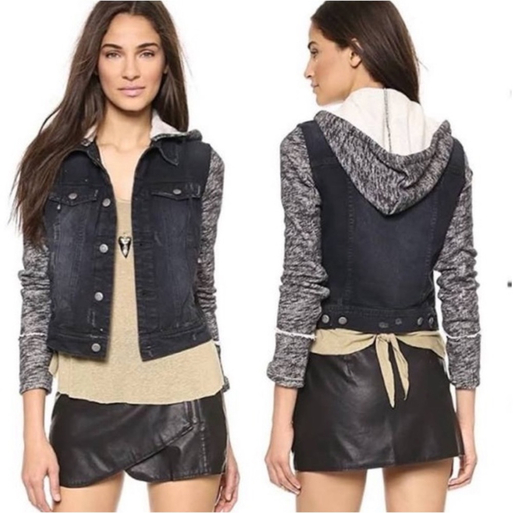 Free People distressed denim jean jacket with knit sleeves XS - Picture 1 of 10